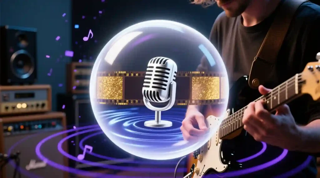 “Film reel merging with audio waves into digital world”