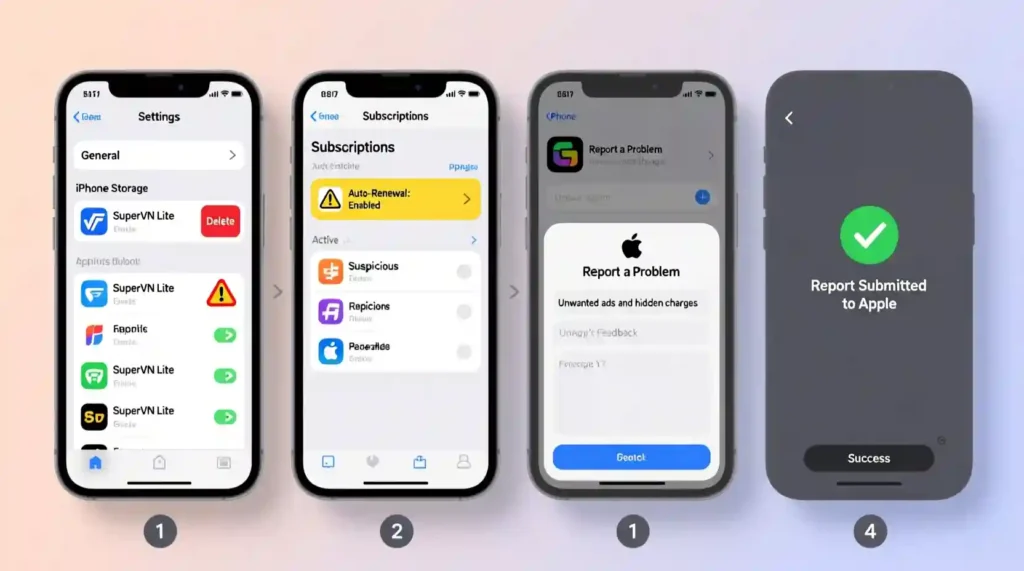 Steps to delete a fake app, cancel subscriptions, and report scams on iPhone.