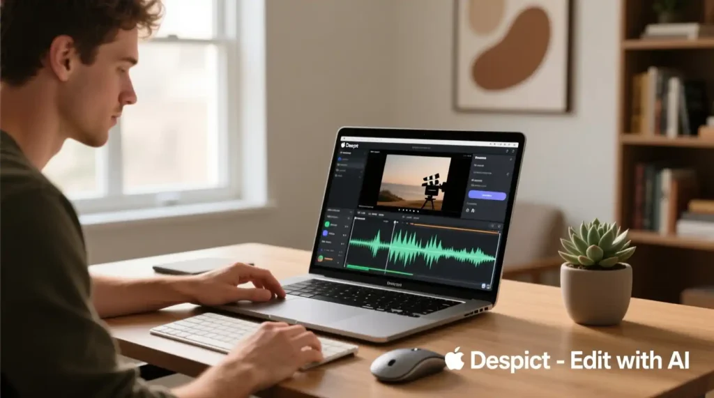 “Descript interface showing transcript, timeline, and media panel for beginners”