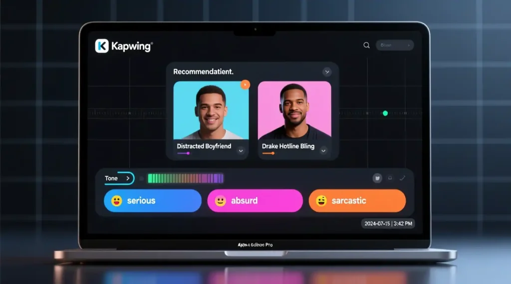 Kapwing AI Meme Generator dashboard showing trending formats and tone filters.