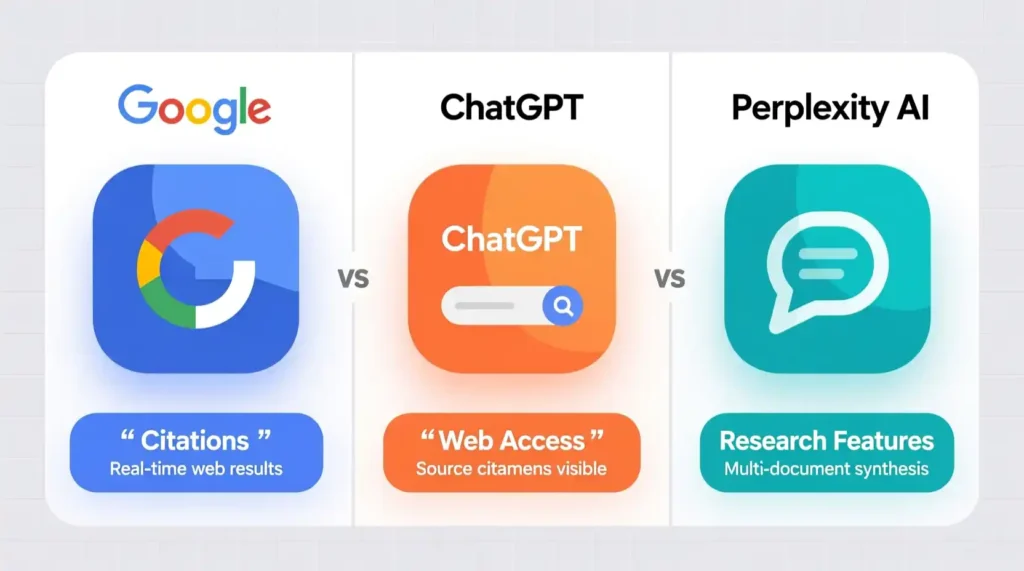 “Feature comparison between Google, ChatGPT, and Perplexity AI showing differences in citation and research features.”
