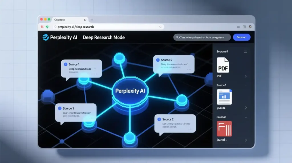 “Researchers collaborating on Perplexity AI Pages workspace with organized citations.”