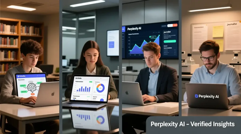 “Students, marketers, and journalists using Perplexity AI for research and data verification.”