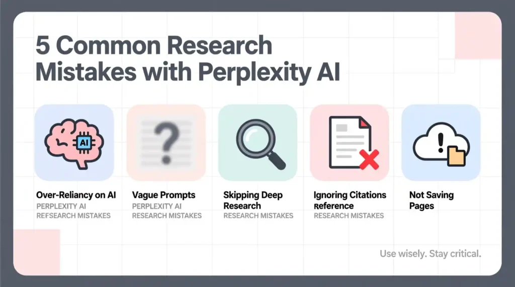 “Infographic showing common mistakes users make when using Perplexity AI for research.”