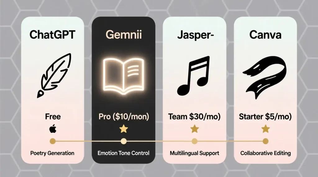 Poets collaborating with AI assistant to create poetry on screen.