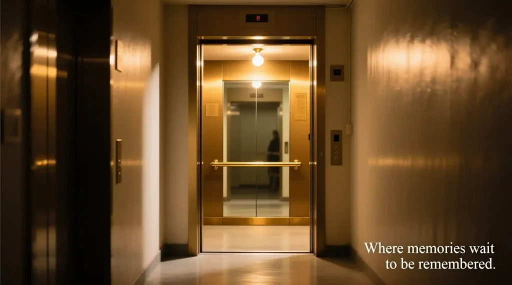 “Elevator doors opening in golden light symbolizing connection and memory in the AI Elevator Photo Trend.”