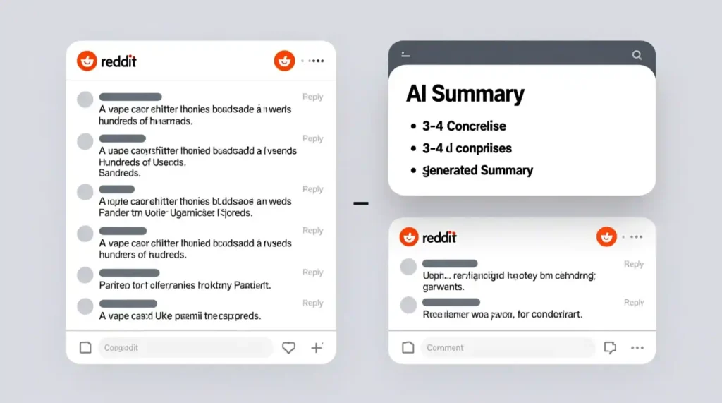 “Comparison showing how Reddit AI Answers summarizes long comment threads for faster reading.”
