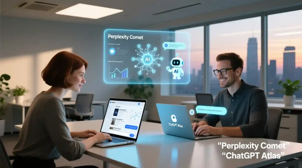 “Creators testing Perplexity Comet and ChatGPT Atlas side by side for productivity and design.”