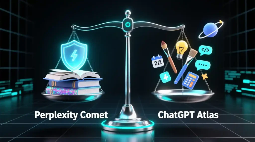 “Visualization of how Comet aids research and Atlas supports content creation through AI tools.”