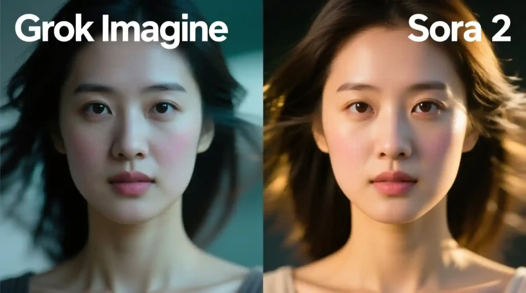 “Frame comparison showing Grok Imagine’s soft finish vs Sora 2’s realistic textures and lighting.”