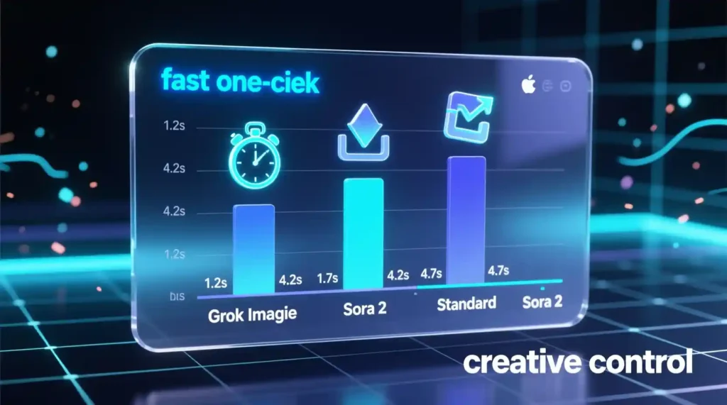 “Workflow and speed comparison chart of Grok Imagine vs Sora 2 showing upscaling vs generation times.”