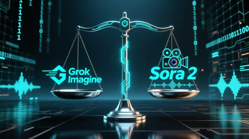 “Final verdict illustration showing Grok Imagine’s speed advantage and Sora 2’s cinematic realism.”