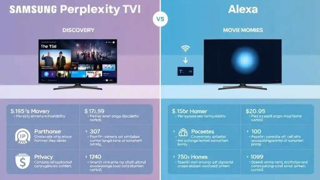 Feature comparison chart: Samsung Perplexity TV AI vs Alexa performance and features.