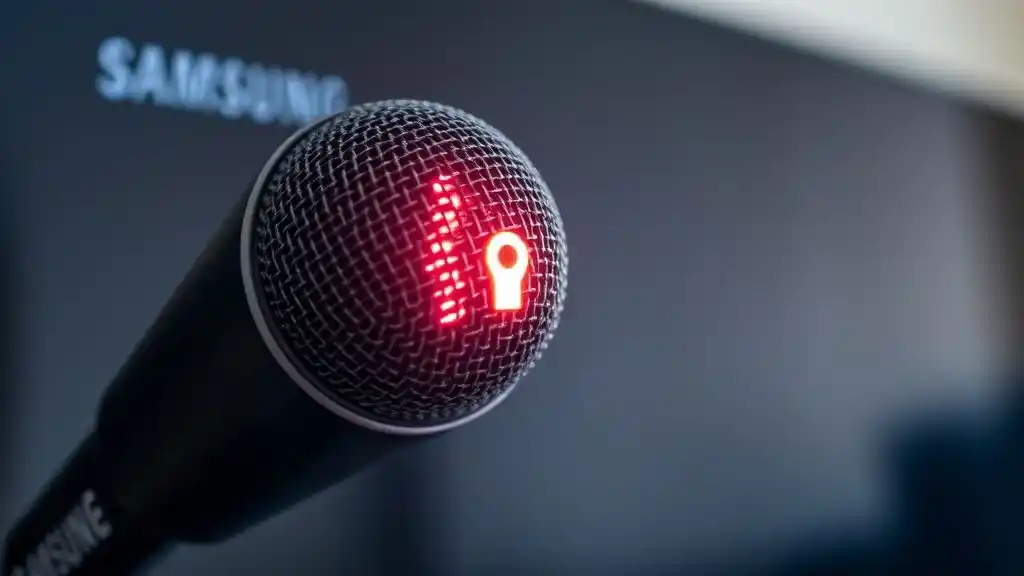 Smart home automation scene showing Samsung TV and Alexa responding to voice commands.