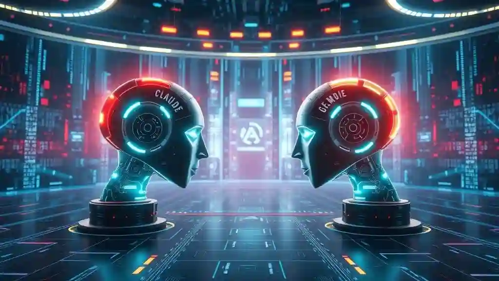 Claude AI vs Gemini AI futuristic face-off digital illustration.