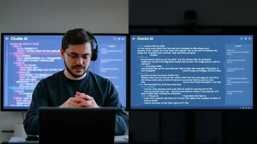 Claude AI coding explanation vs Gemini AI multimodal research visual comparison.