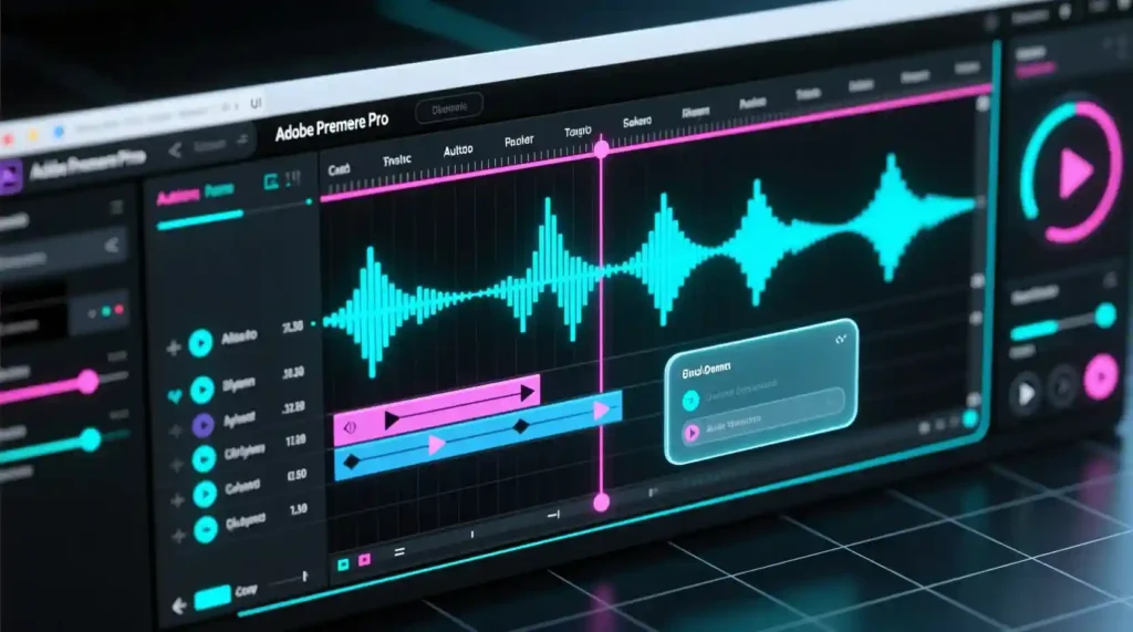 "Adobe Premiere timeline showing Firefly-generated soundtrack synced to video."