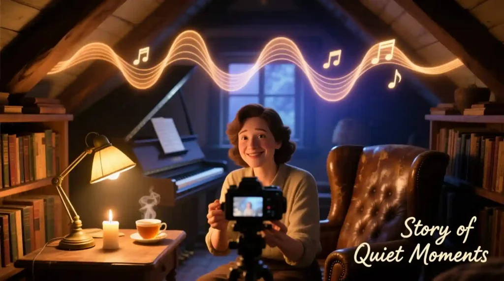 "Creator recording storytelling content with emotional AI-generated music."