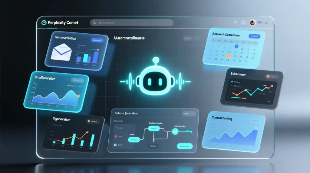 “Perplexity Comet automating multi-tab workflows in a browser interface.”
