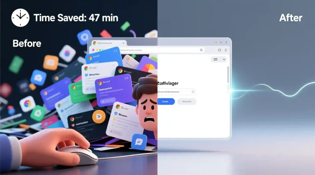 “Before and after comparison showing how Perplexity Comet reduces tab clutter and saves time.”