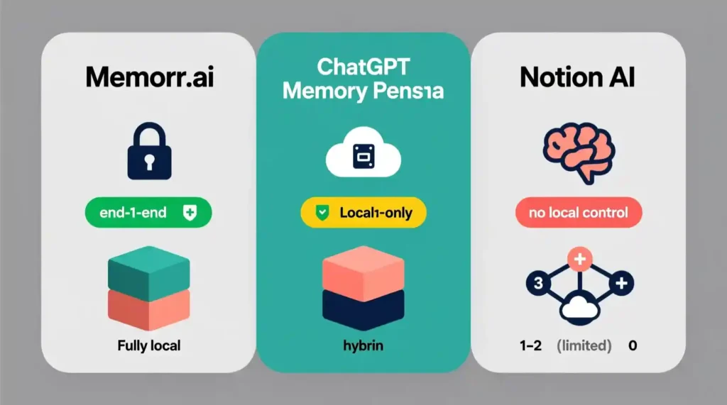“Comparison infographic of Memorr.ai vs ChatGPT Memory and Notion AI features”