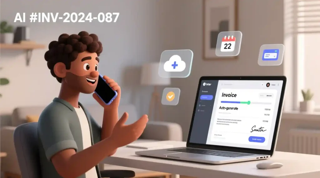 “Freelancer creating an invoice by voice using Jinna.ai across devices”