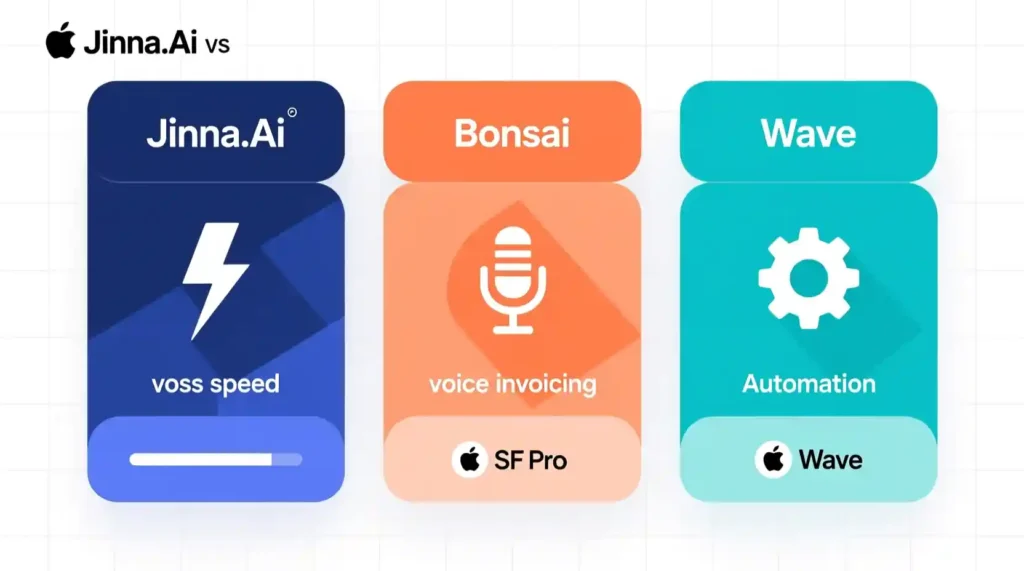 “Comparison infographic showing Jinna.ai vs Bonsai vs Wave invoicing tools”