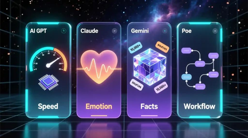 “Comparison chart of GPT, Claude, Gemini, and Poe AI based on real-use strengths.”