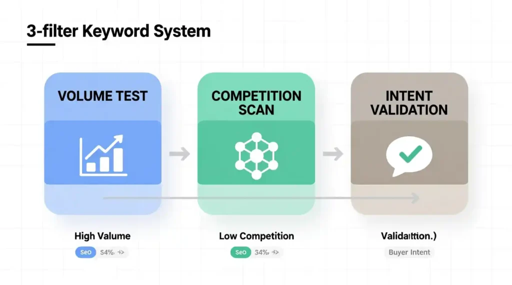 Diagram showing the 3-filter system for finding easy, rankable keywords.