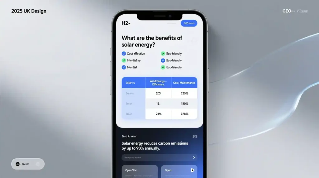 Mockup illustrating GEO-optimized content structure for AI and SEO.